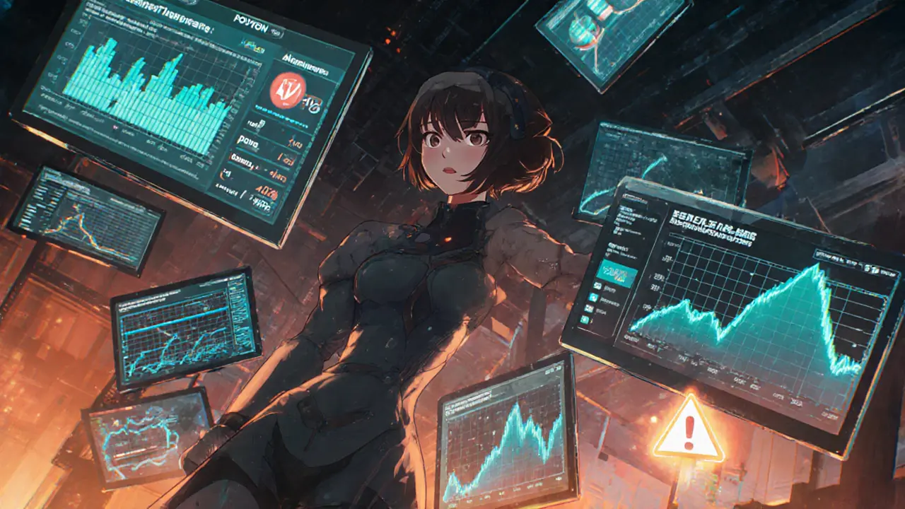 Young tech character monitoring AI anomaly detection and cross‑chain metrics on floating screens.