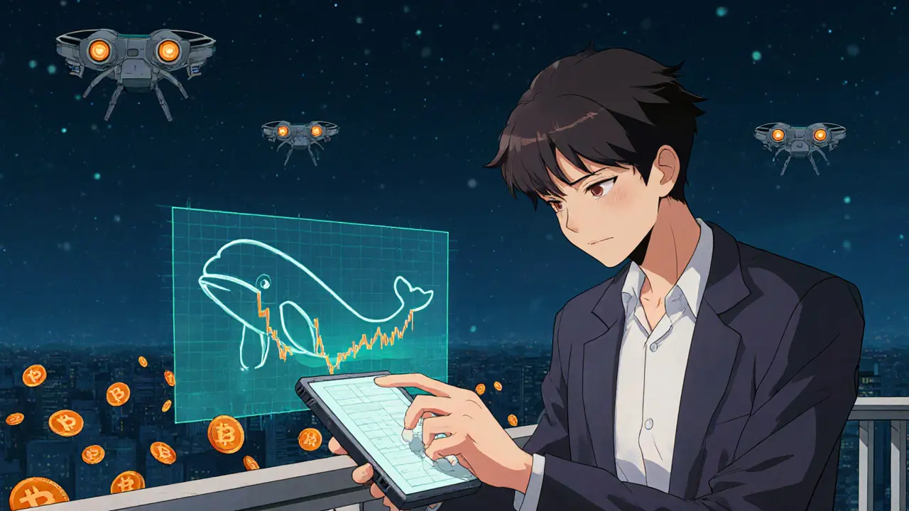 Young trader watches a holographic crypto chart as a distant whale swims among floating coins, retro anime.
