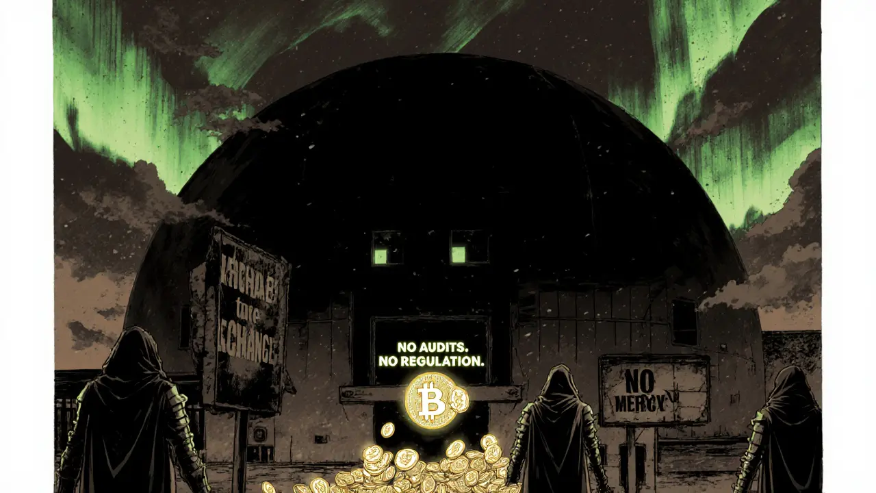 A black hole-shaped exchange consuming crypto coins, with a warning sign in a dystopian anime landscape.