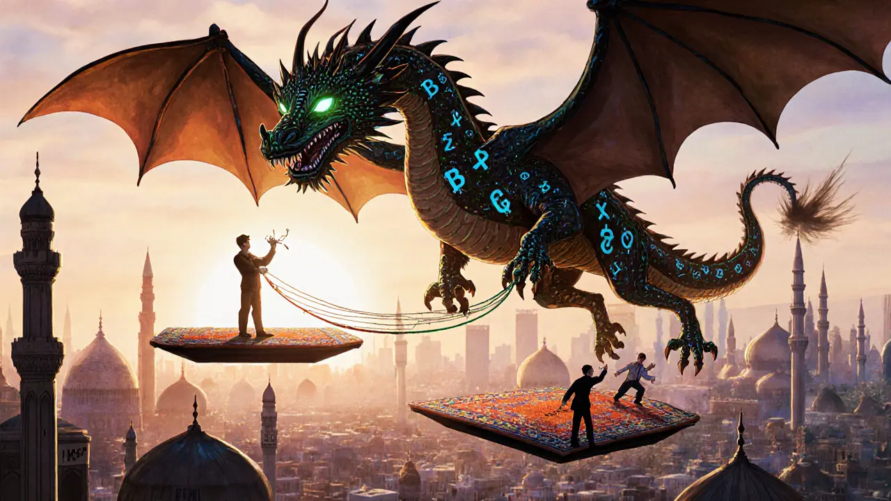 A blockchain dragon flying over a futuristic city as people cross VPN bridges to decentralized platforms.