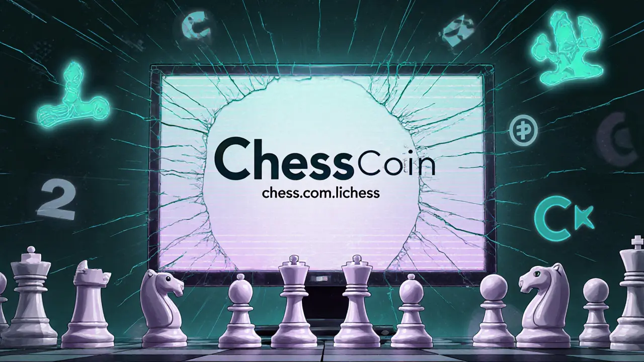 A cracked screen showing ChessCoin&#039;s contract address surrounded by floating empty chess pieces.