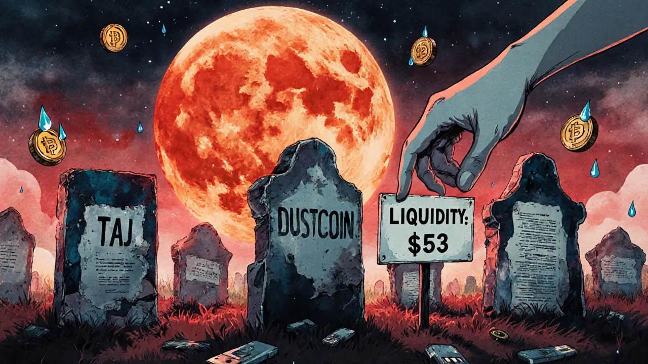 A crypto graveyard with tombstones of failed tokens under a blood-orange moon, a ghostly hand holding a &#039;Liquidity: &#039; sign.