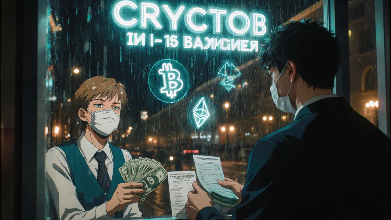 A customer exchanges cash for crypto at Bitbanker&#039;s Moscow office, holographic coins glowing above the counter.
