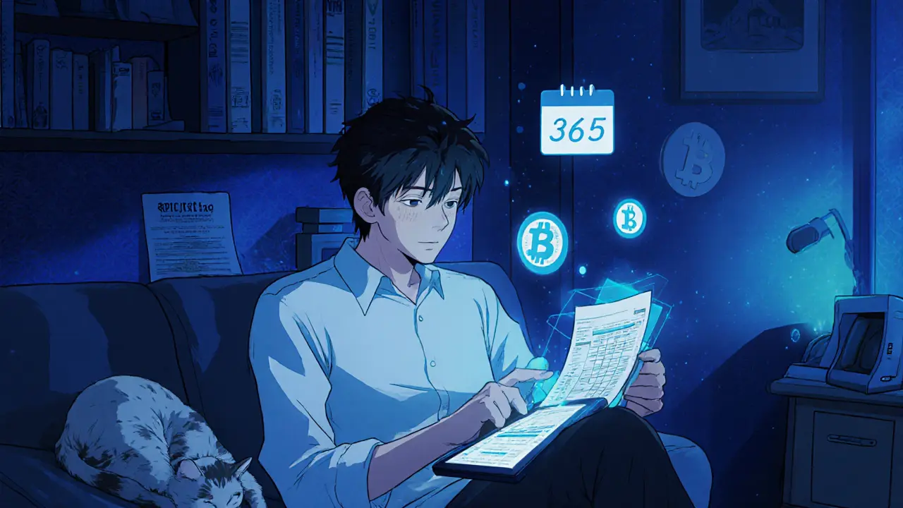 A digital nomad reviewing crypto tax reports on a holographic tablet in a cozy Porto apartment at night.