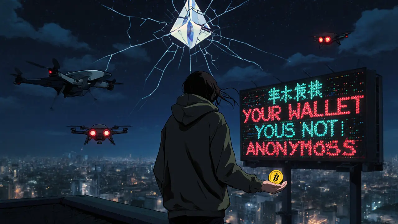 A figure on a rooftop sending crypto while drones and a warning billboard loom in the night sky.
