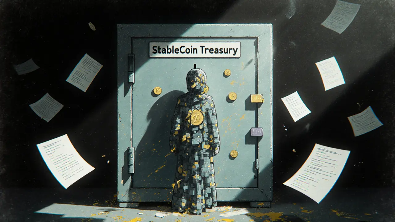 A ghost made of code stands before a closed treasury vault, surrounded by silent whitepapers.