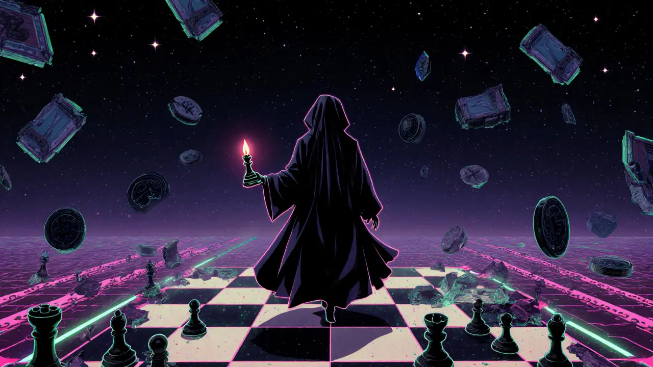 A ghostly figure walking through a digital void filled with dormant tokens and broken chains.