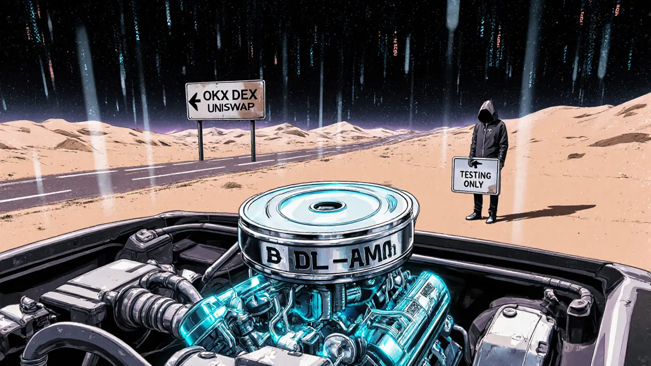 A gleaming DL-AMM engine in a digital desert with no roads, only a distant sign pointing to other DEXs.