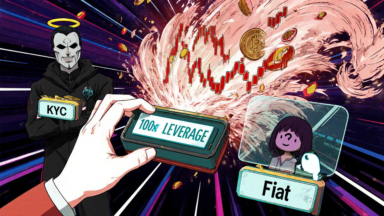 A hand activating 100x leverage as crypto candlesticks burst through shattered KYC and fiat barriers.