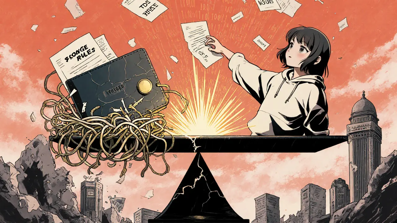 A hardware wallet balances against chaotic tax documents on a giant digital scale.