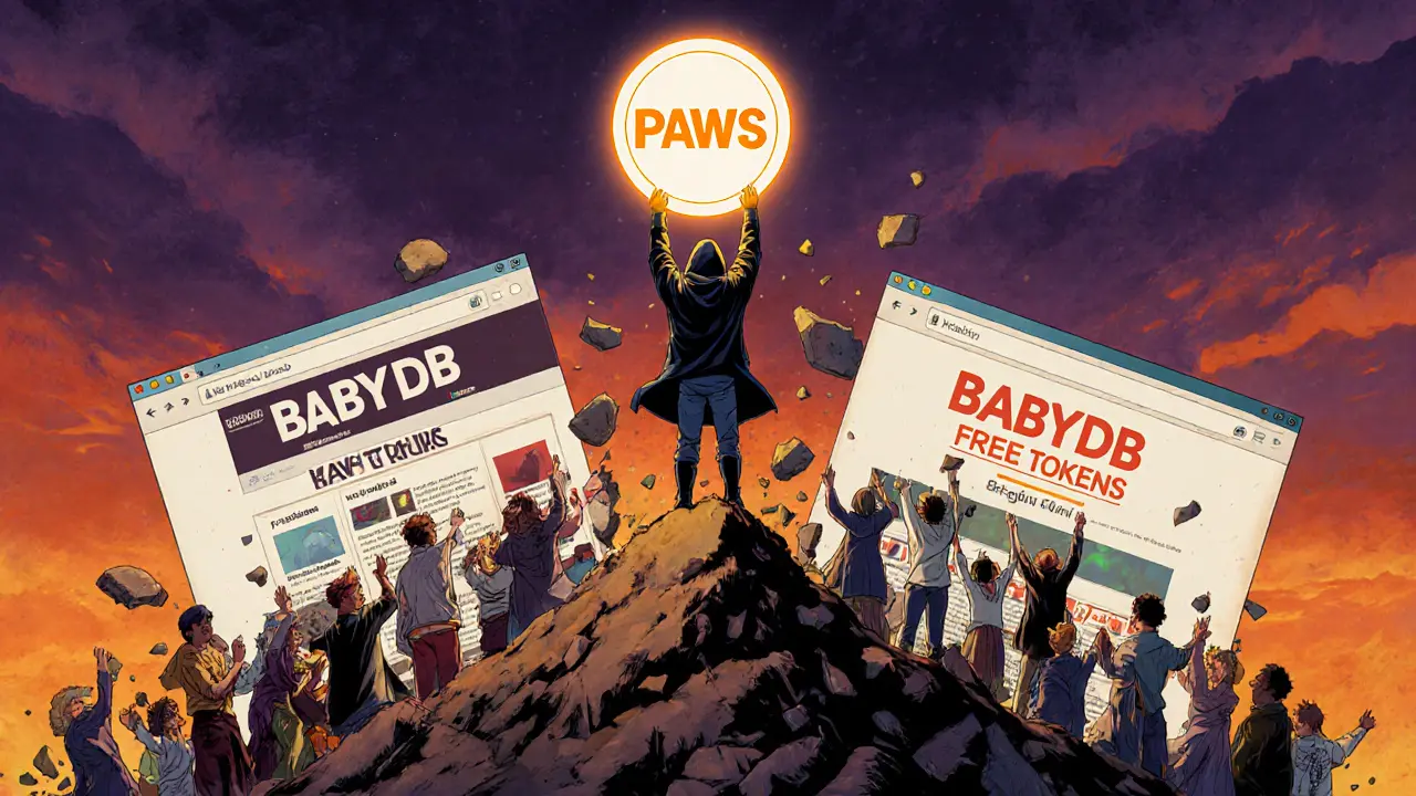 A hero holding a PAWS token atop a blockchain mountain as fake airdrop sites crumble behind.