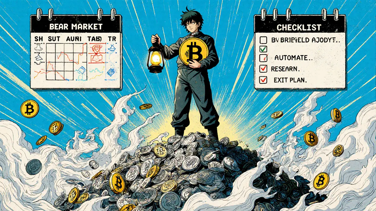 A hero stands on a pile of failed altcoins holding Bitcoin as a light, with a storm of panic below and recovery above.