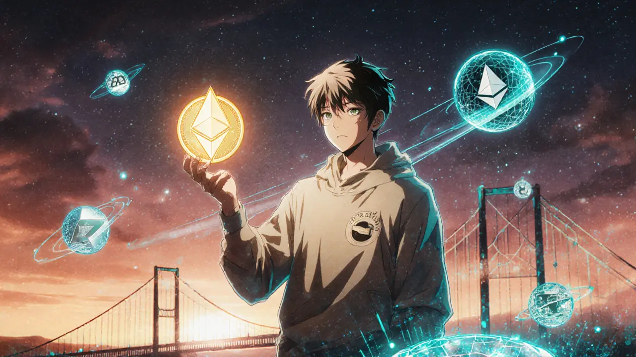 A hero uses ETHx as collateral across DeFi platforms on a digital bridge to Layer 2 networks.