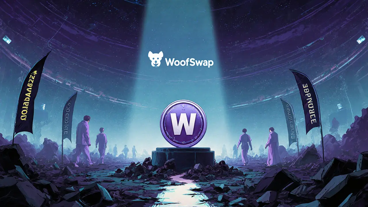 A lone WBONES token on a pedestal in an abandoned digital arena, with failed exchange banners in ruins.