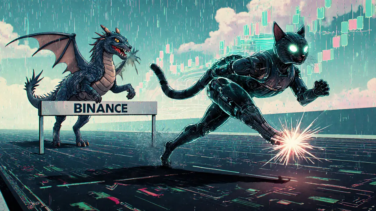 A robotic cat racing a dragon across a digital price chart racetrack, symbolizing ultra-fast crypto trading.
