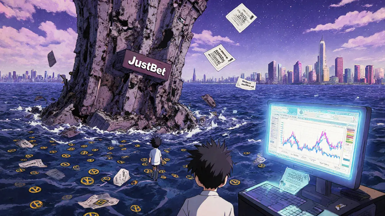 A sinking JustBet casino tower while people walk toward a Solana trading terminal in retro anime style.