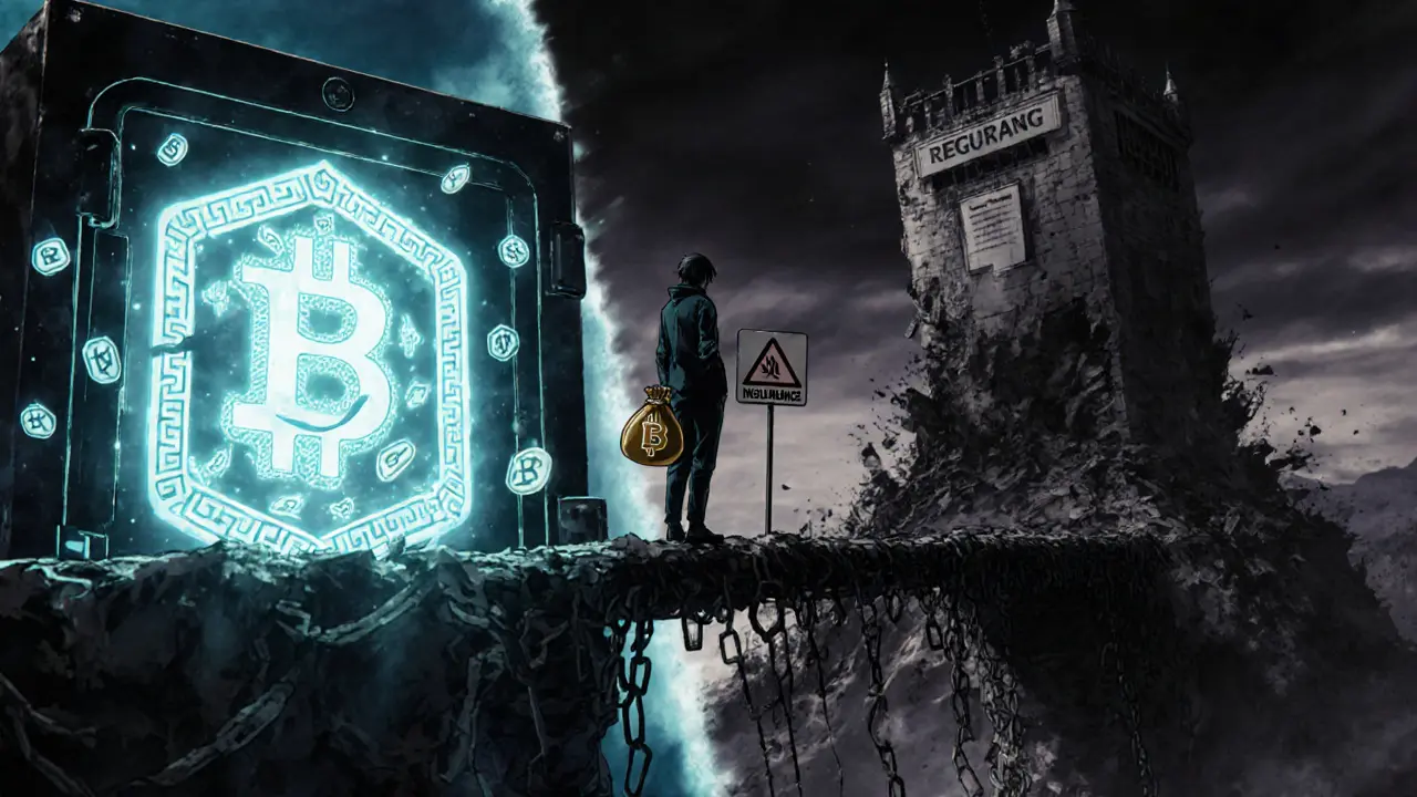 A split scene showing secure crypto vault on one side and collapsing regulation on the other, with a trader on a blockchain bridge.