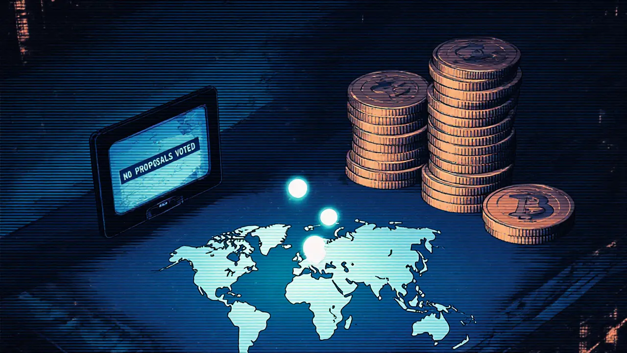 A tiny holographic world map with few donation dots, overshadowed by larger crypto tokens.