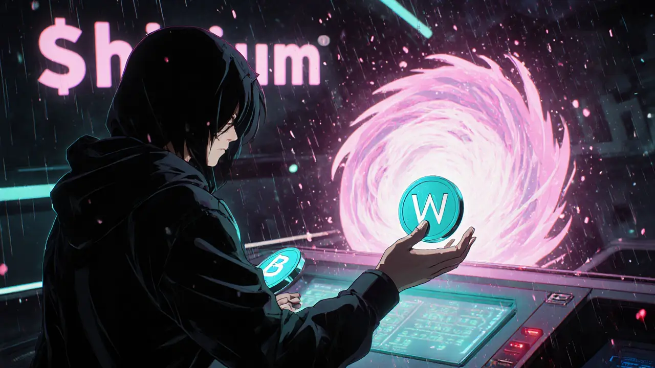 A trader crossing a bridge from BONE to WBONES with glowing energy and neon circuit effects in retro anime style.