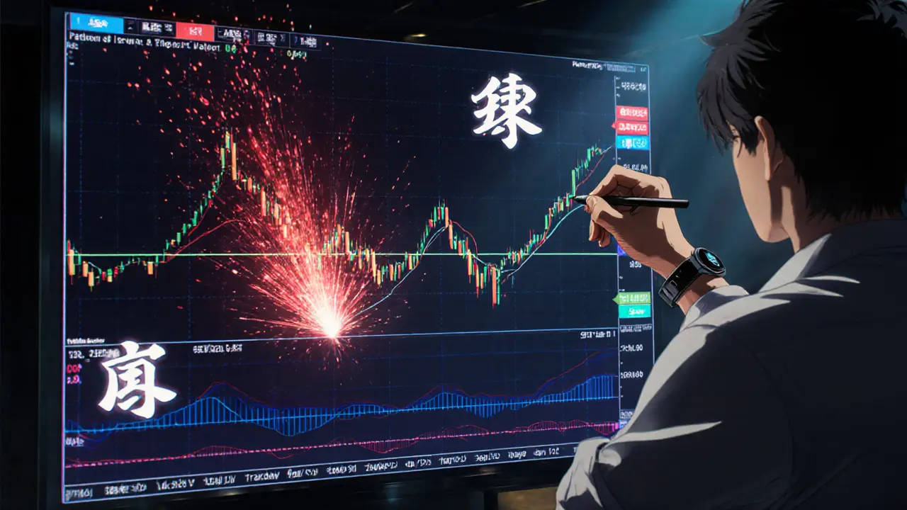 A trader drawing a trendline on an Ethereum chart with glowing support levels and volume shockwaves.