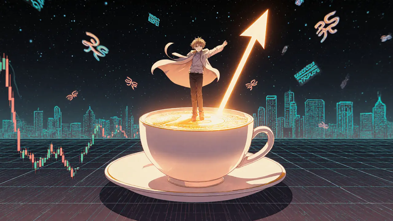 A trader standing on a cup and handle pattern as a golden breakout arrow soars upward in retro anime style.