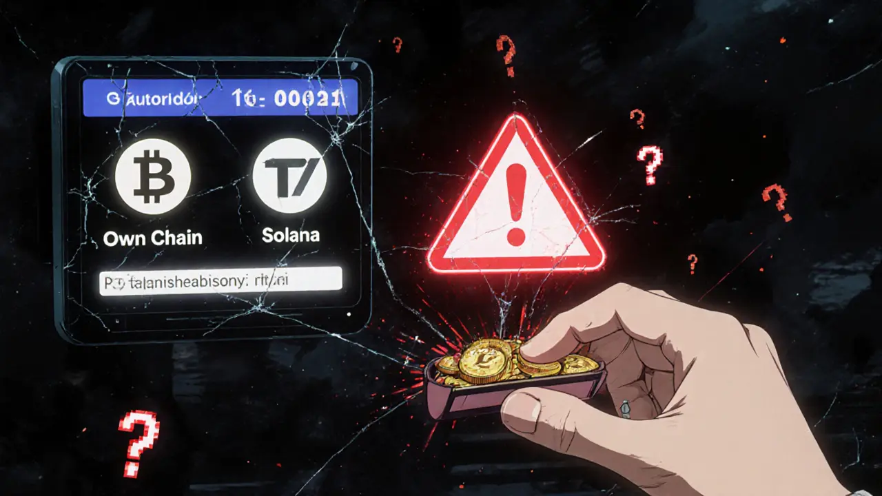 A trembling hand trying to add TajCoin to a wallet while conflicting blockchain logos flicker and fail on a cracked screen.