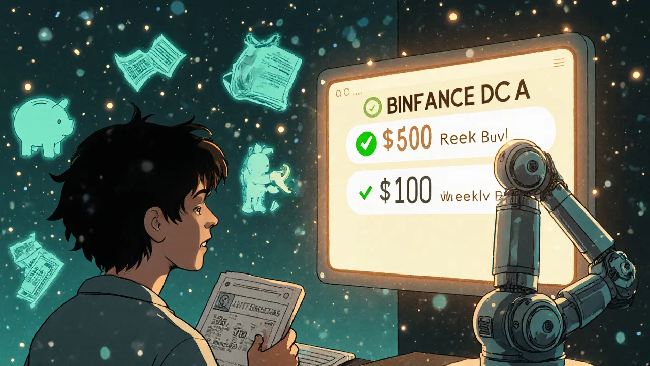 A worried person facing financial stress from crypto spending, while a robot automates a small, steady weekly buy.