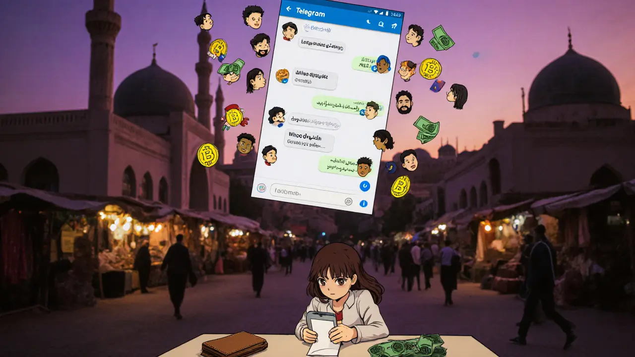 A young woman hiding a paper wallet in a mosque courtyard, phone glowing with crypto messages.
