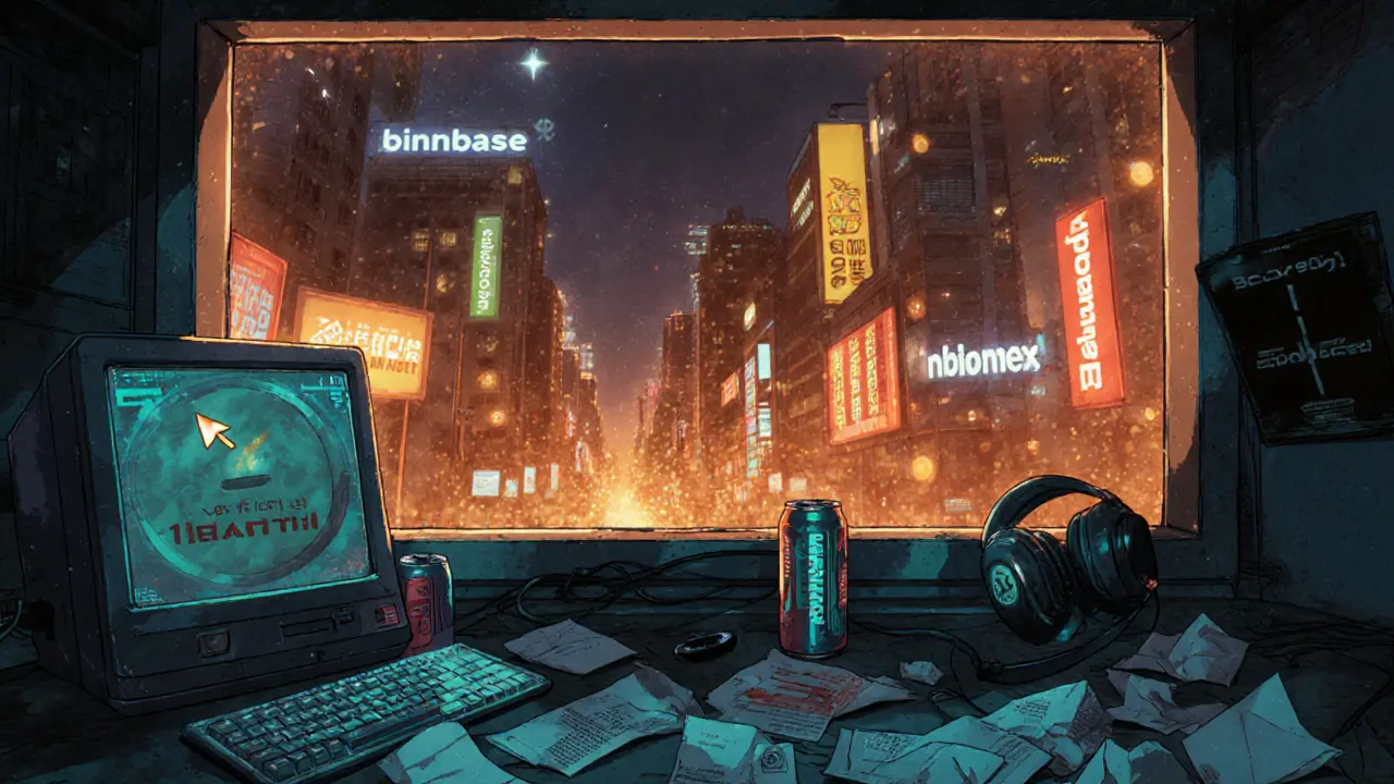 An empty crypto exchange terminal with a blinking buy button and discarded whitepapers.