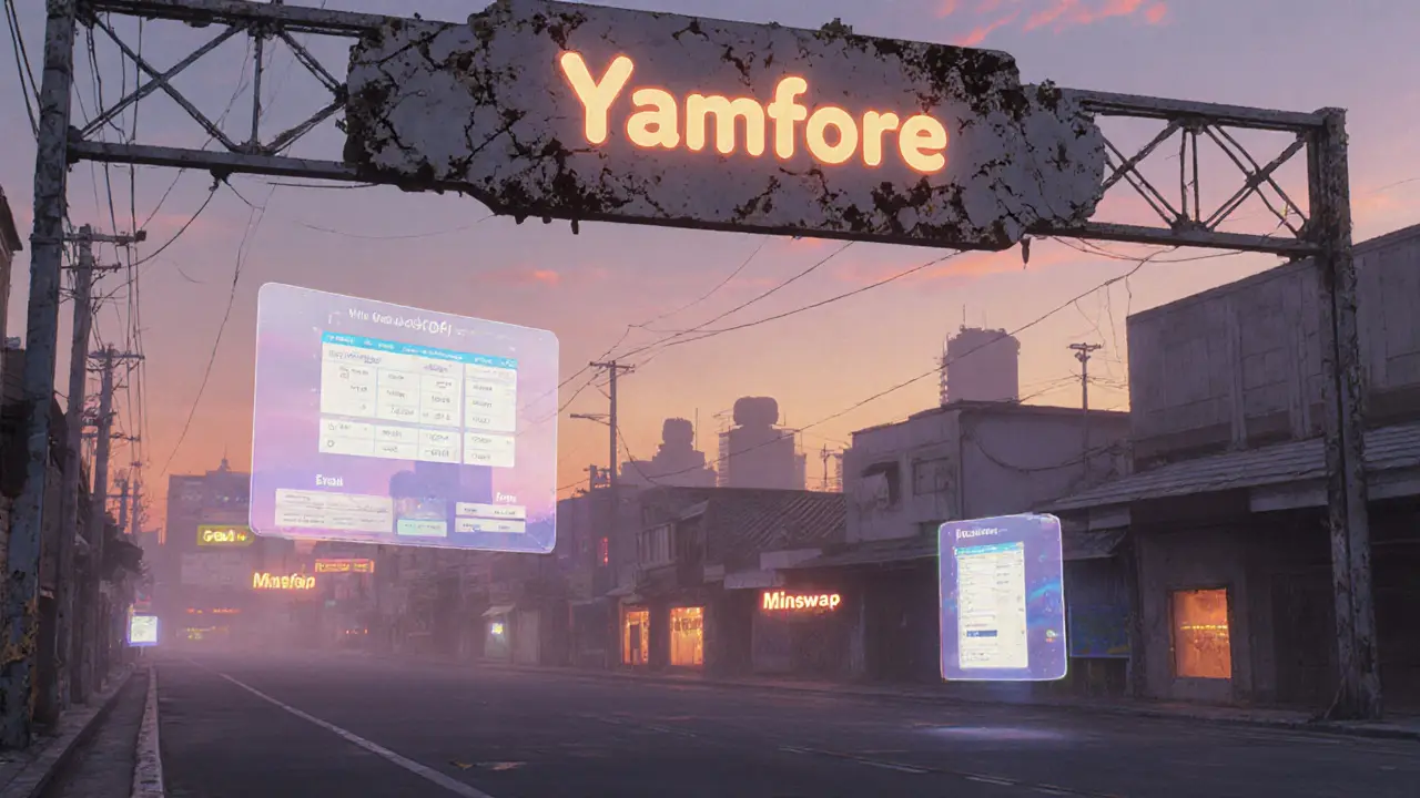 An empty DeFi marketplace with flickering wallets and a broken Yamfore sign under twilight.