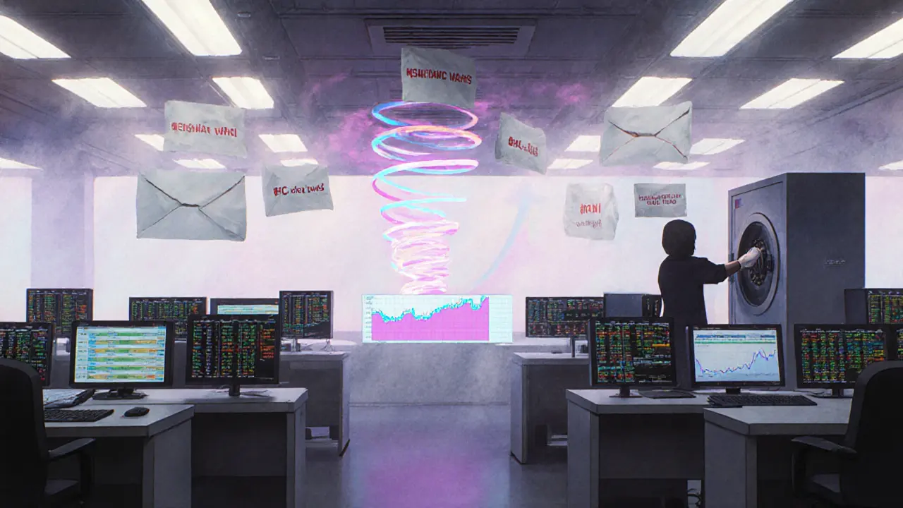 An empty, futuristic trading floor with glowing order books and delisting notices, under flickering lights and heavy shadows.