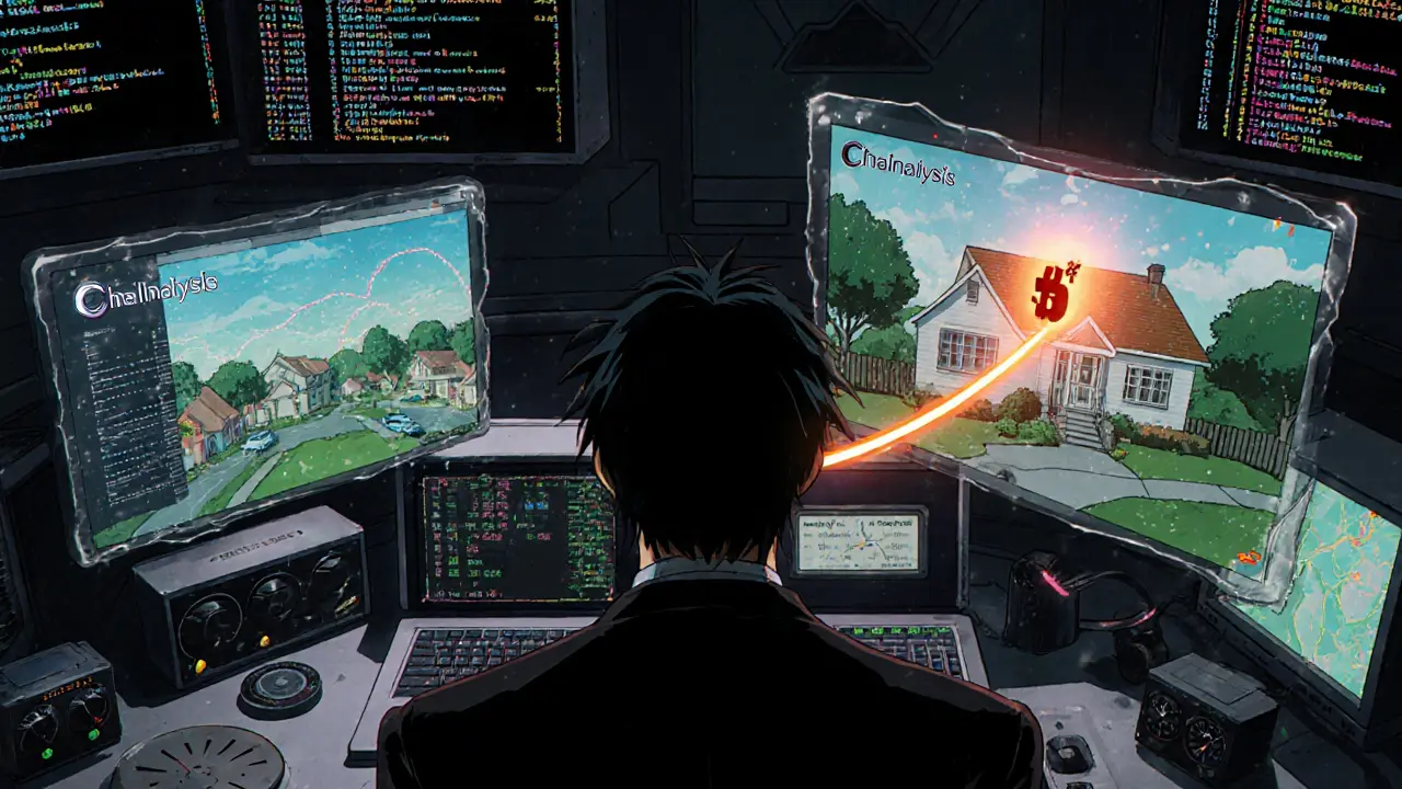 An investigator analyzing Bitcoin IPs and geolocation maps on holographic screens in a high-tech room.