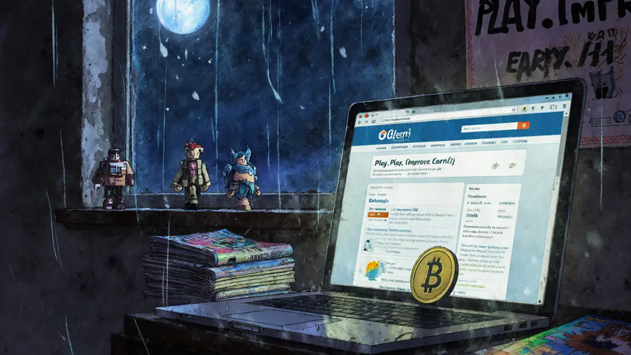 An old laptop showing a faded airdrop page, with NFT figurines and a single HERA token on a dusty shelf.