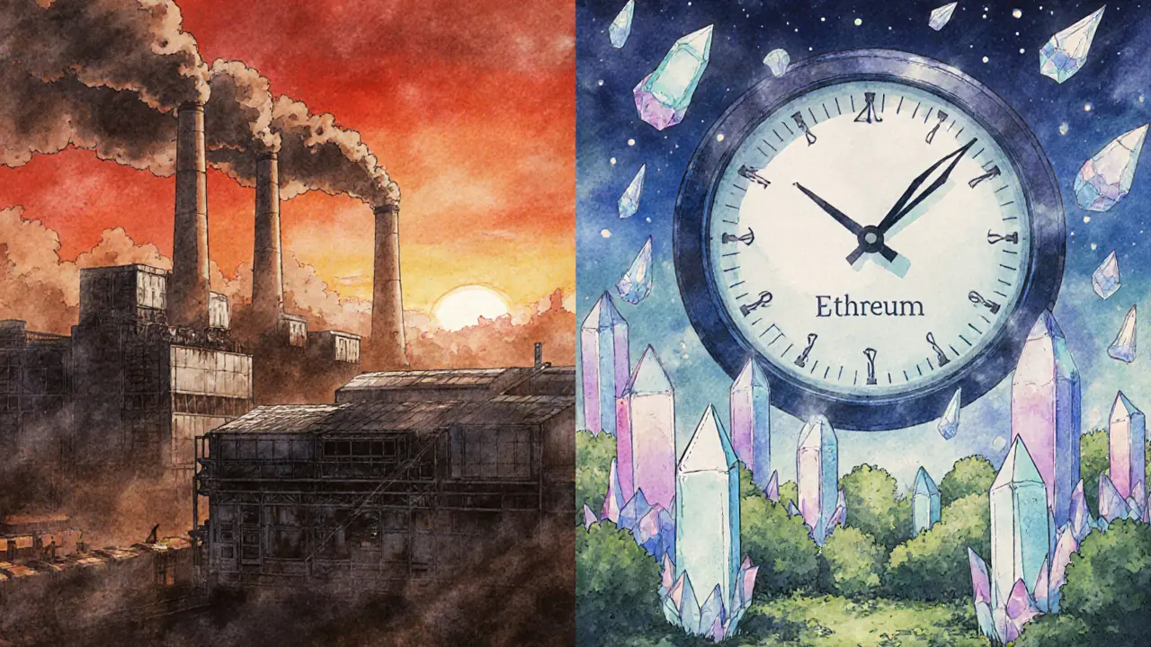 Contrasting Bitcoin mining farm and Ethereum staking garden under a halving clock in retro anime style.
