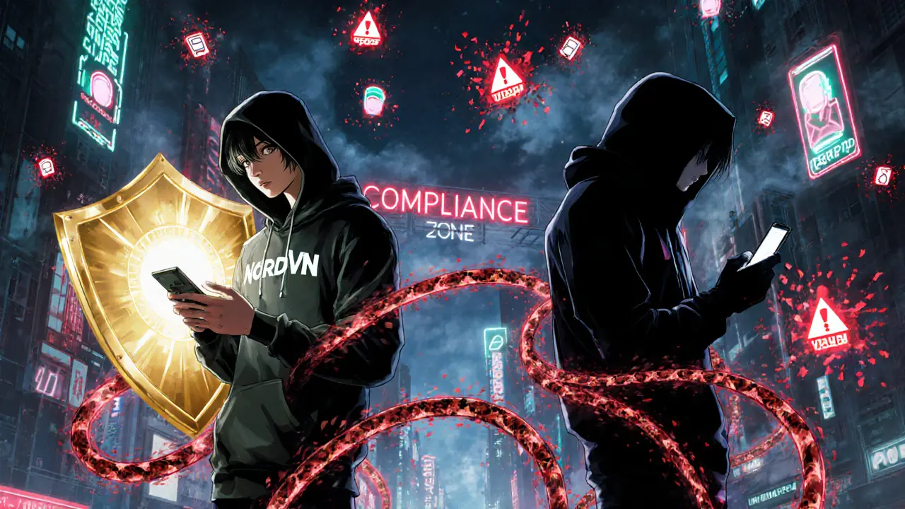 Contrasting figures in cyberpunk city: one protected by NordVPN shield, the other trapped in blacklisted IP chains.