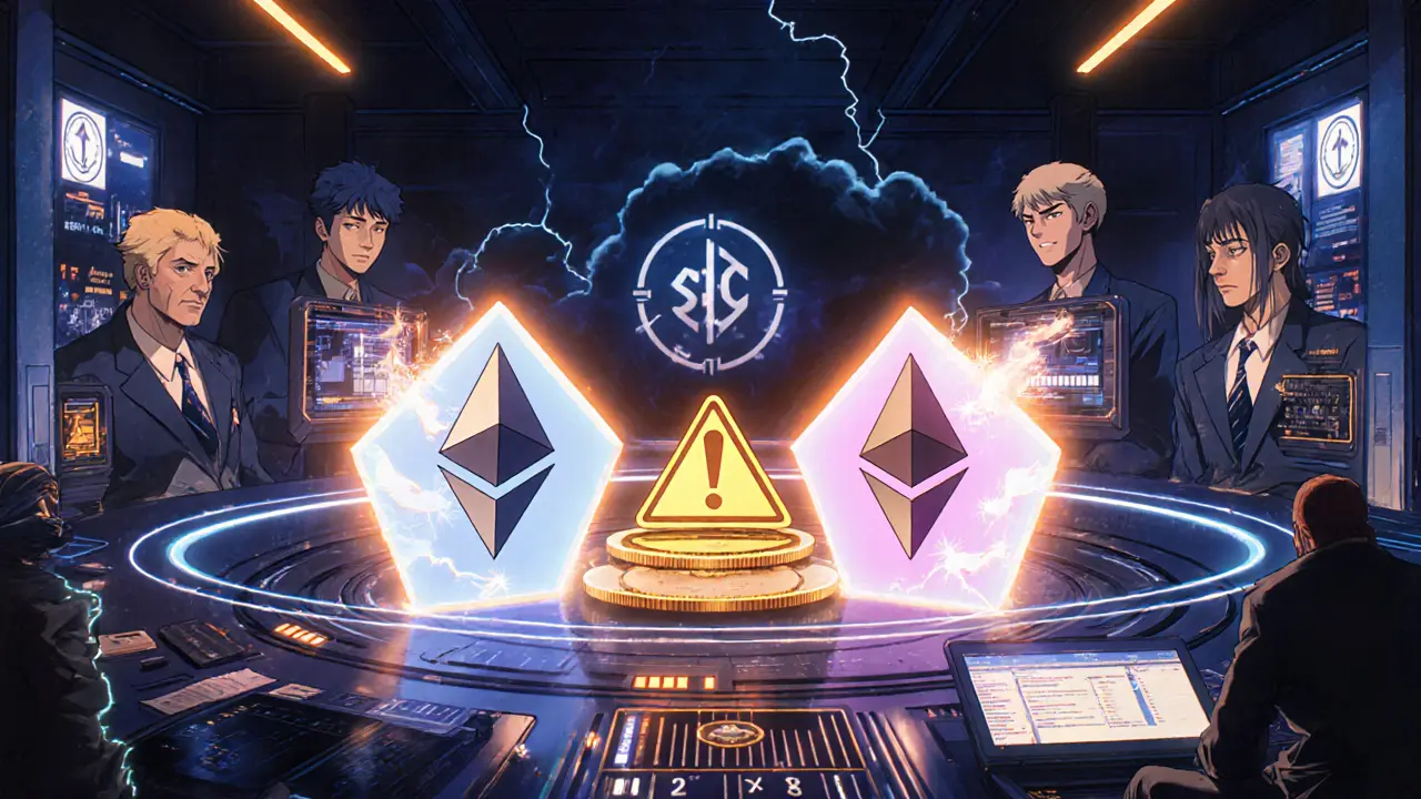 Decentralized validator shards protect staked ETH while a regulatory shadow looms overhead.
