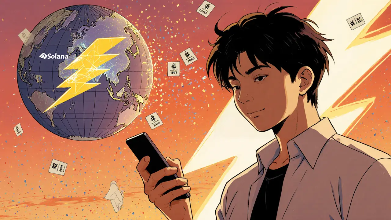 Developer sending stablecoin payments with Solana lightning bolt and global connections