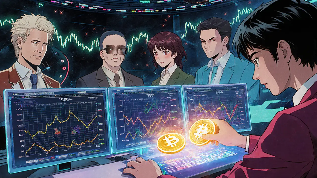 Diverse traders in a cyber room monitoring holographic charts of perpetual contracts on Zeta Markets.