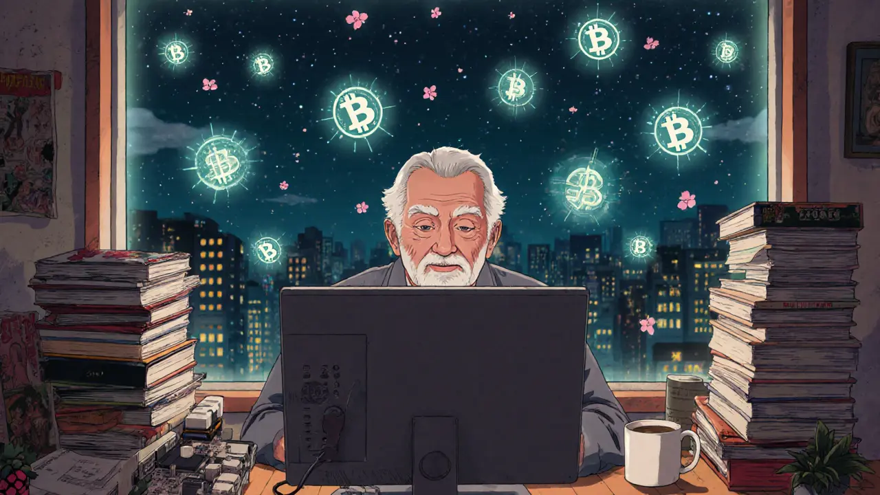 Elderly man watching a blockchain sync on a Raspberry Pi, digital transactions floating like cherry blossoms