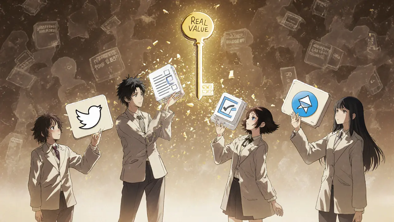 Five figures reaching for a disappearing key as social media icons crumble into pixels in a digital void.