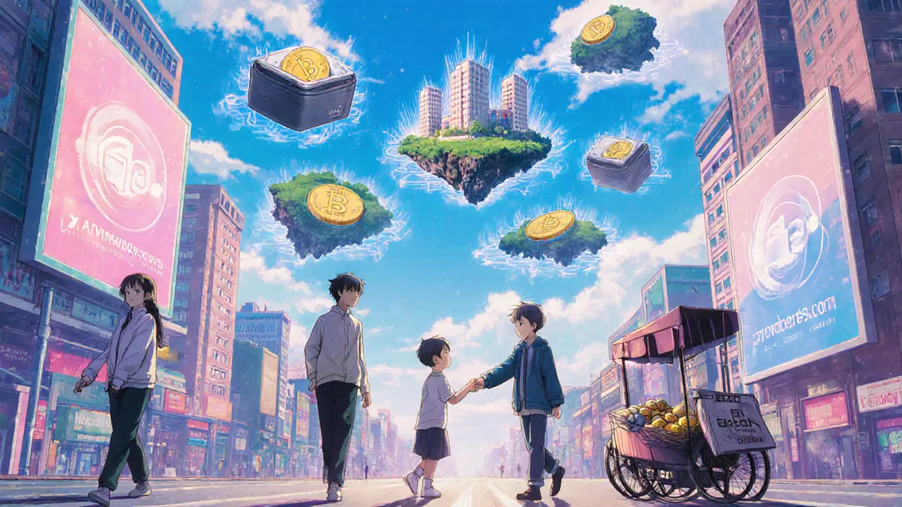 Futuristic city with zero-fee transactions and tokenized assets floating in retro anime style