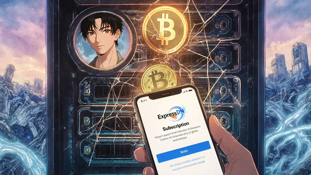 Hand placing Bitcoin into ExpressVPN terminal, with server wall behind and home Wi-Fi glow in background.