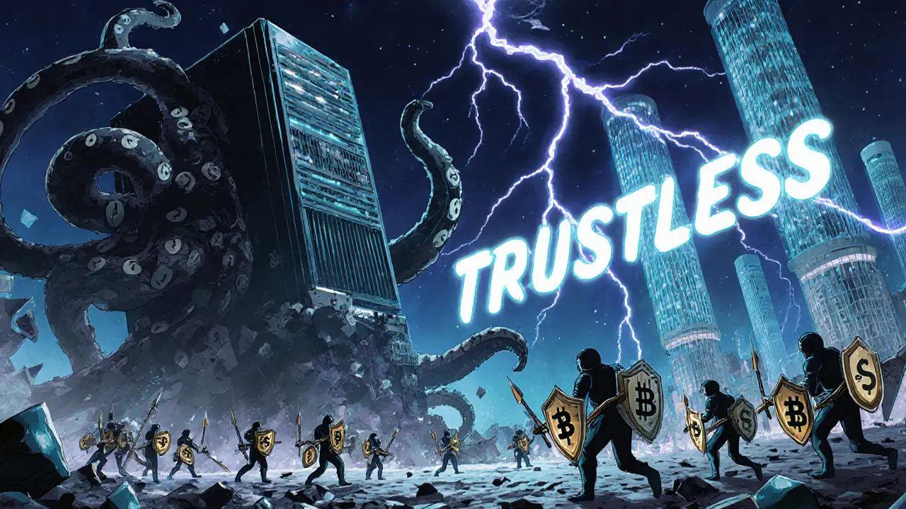 Heroic node figures fighting a corporate server monster in a digital battlefield