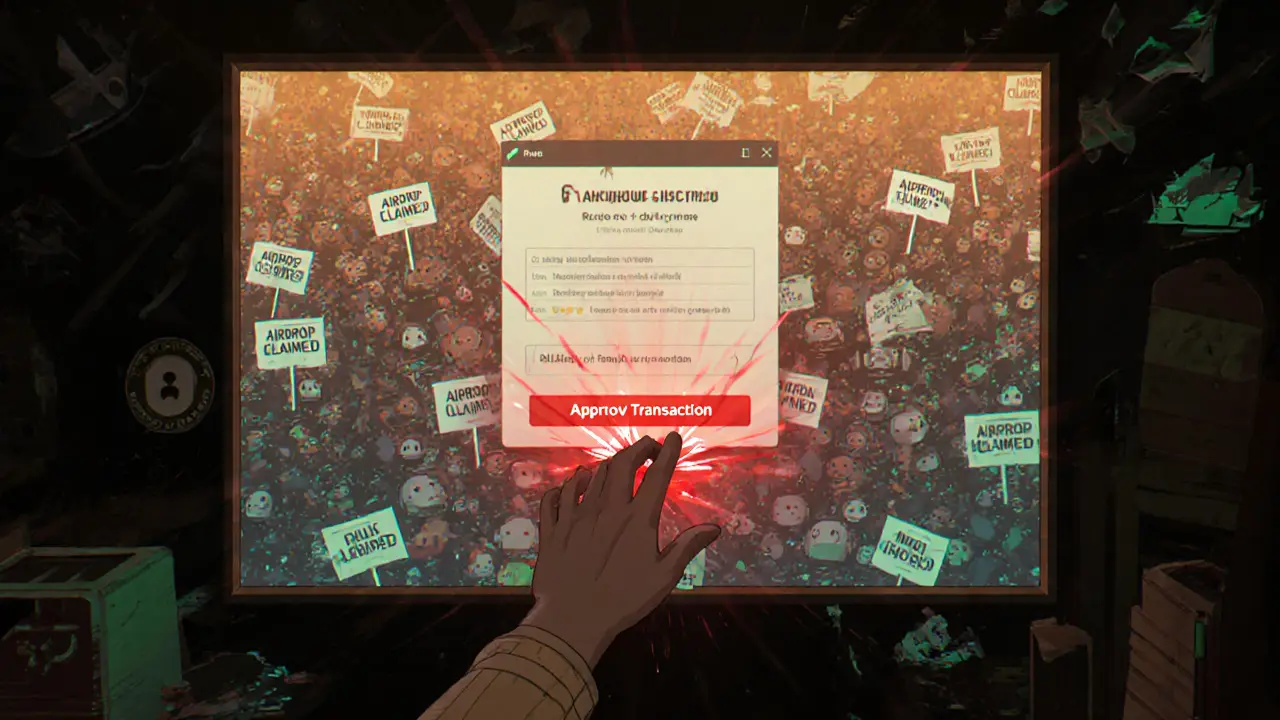 Holographic Discord screen filled with bot avatars and a user hesitating before a red warning button.