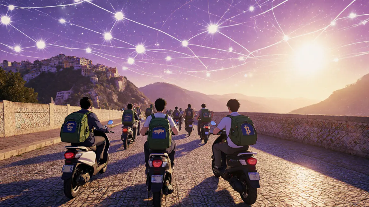 International investors riding scooters through Sintra at dawn with digital blockchain lines in the sky.