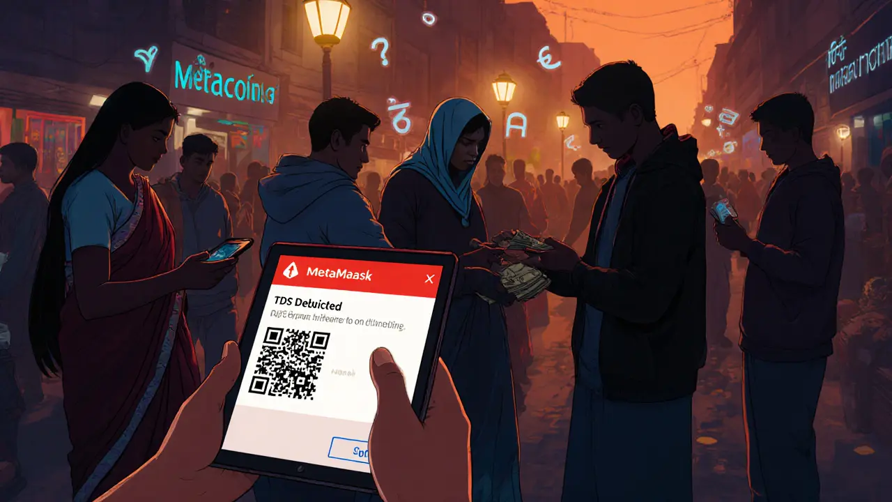 People trade crypto via P2P in an Indian street market under flickering lights.