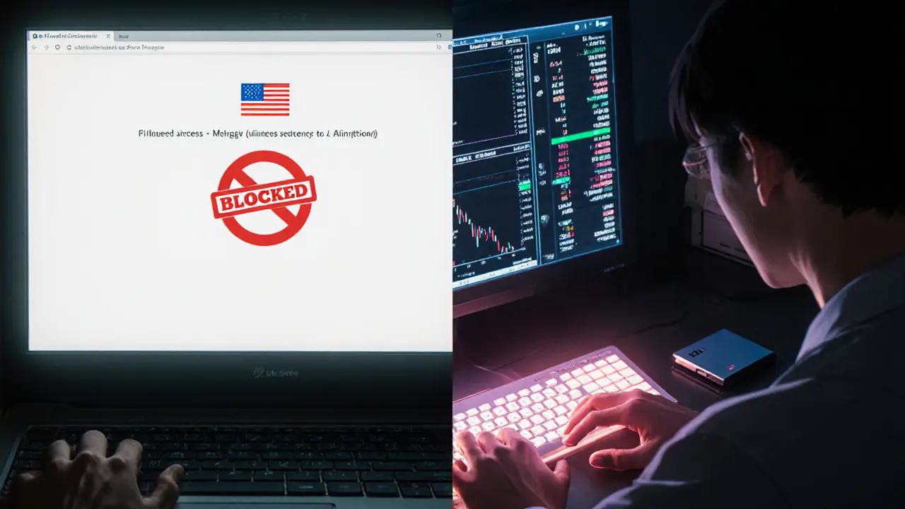 Split scene: a U.S. user blocked from B2Z Exchange vs. a European trader placing a leveraged order with a Trezor wallet nearby.