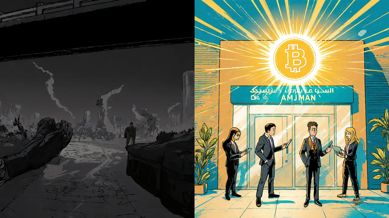 Split scene: shadowy illegal trade vs. bright licensed crypto exchange in Amman.