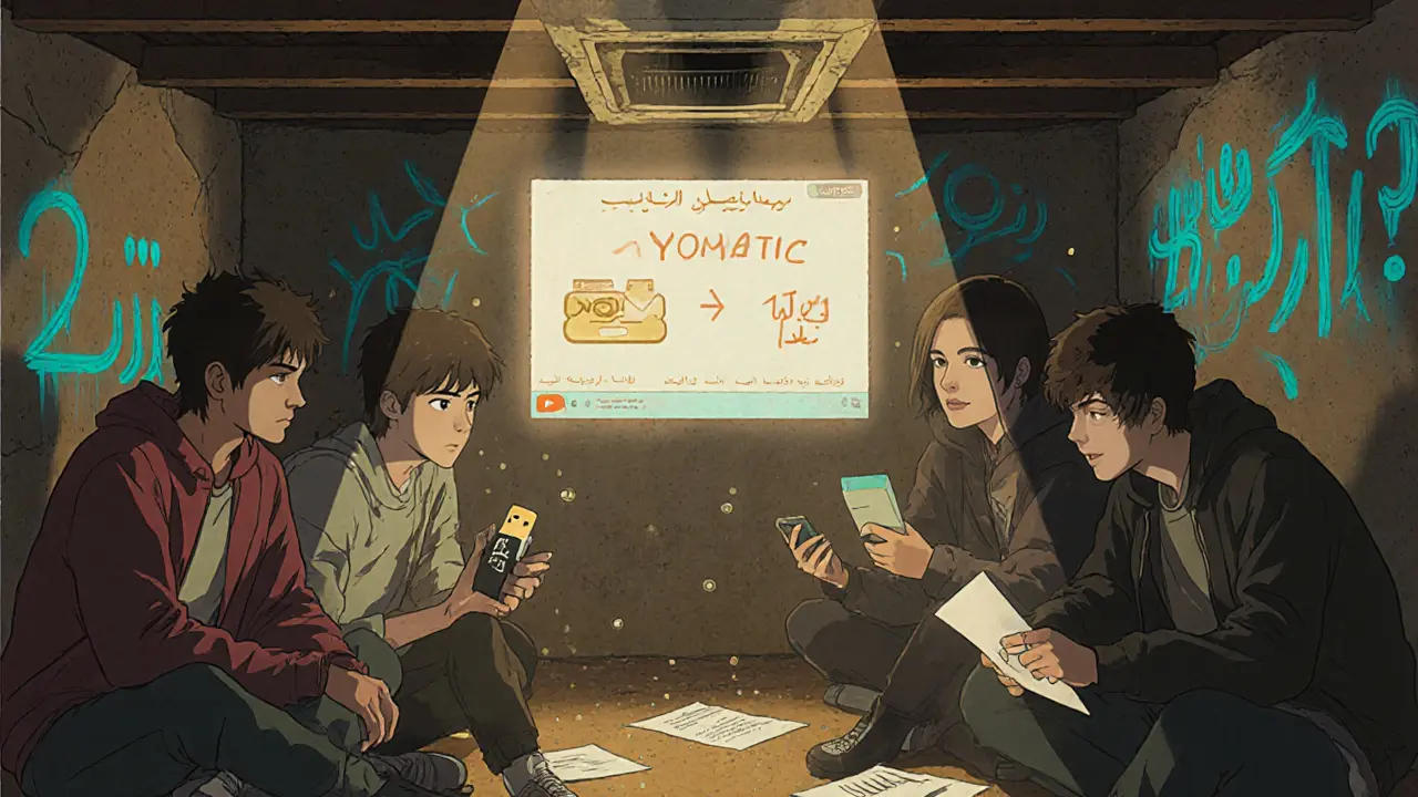 Teens learning to use DEXs in a basement, watching a tutorial on a projector with crypto tools nearby.