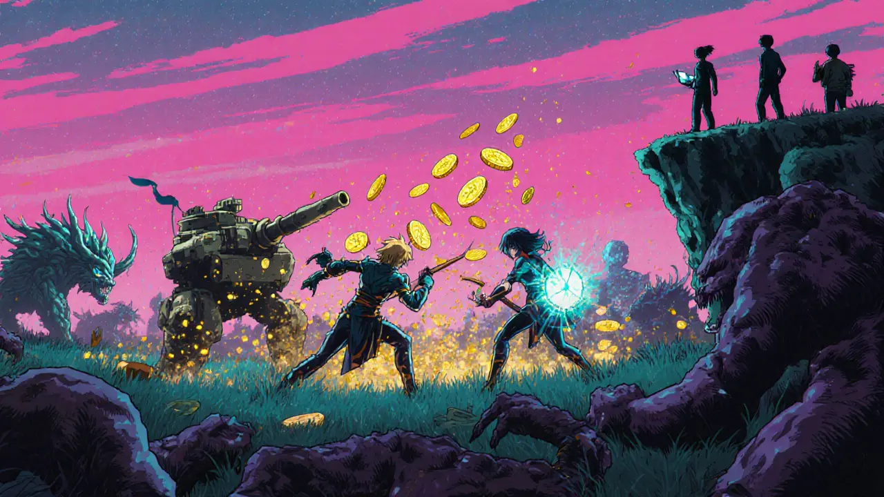 Three hero classes battling in a neon-lit anime battlefield with golden HERA tokens floating in the air.